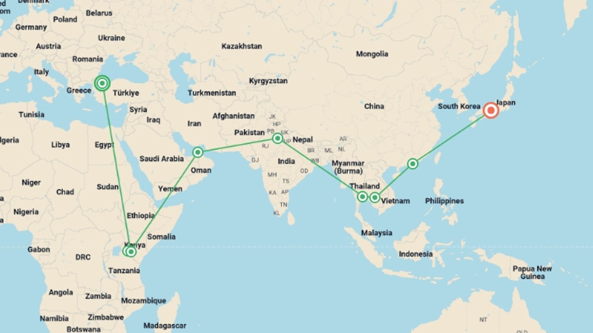 A map showing the tour itinerary for the trip: Orient Explorer Tour, starting in Istanbul, Turkey and ending in Kyoto, Japan going through 7 other destinations.