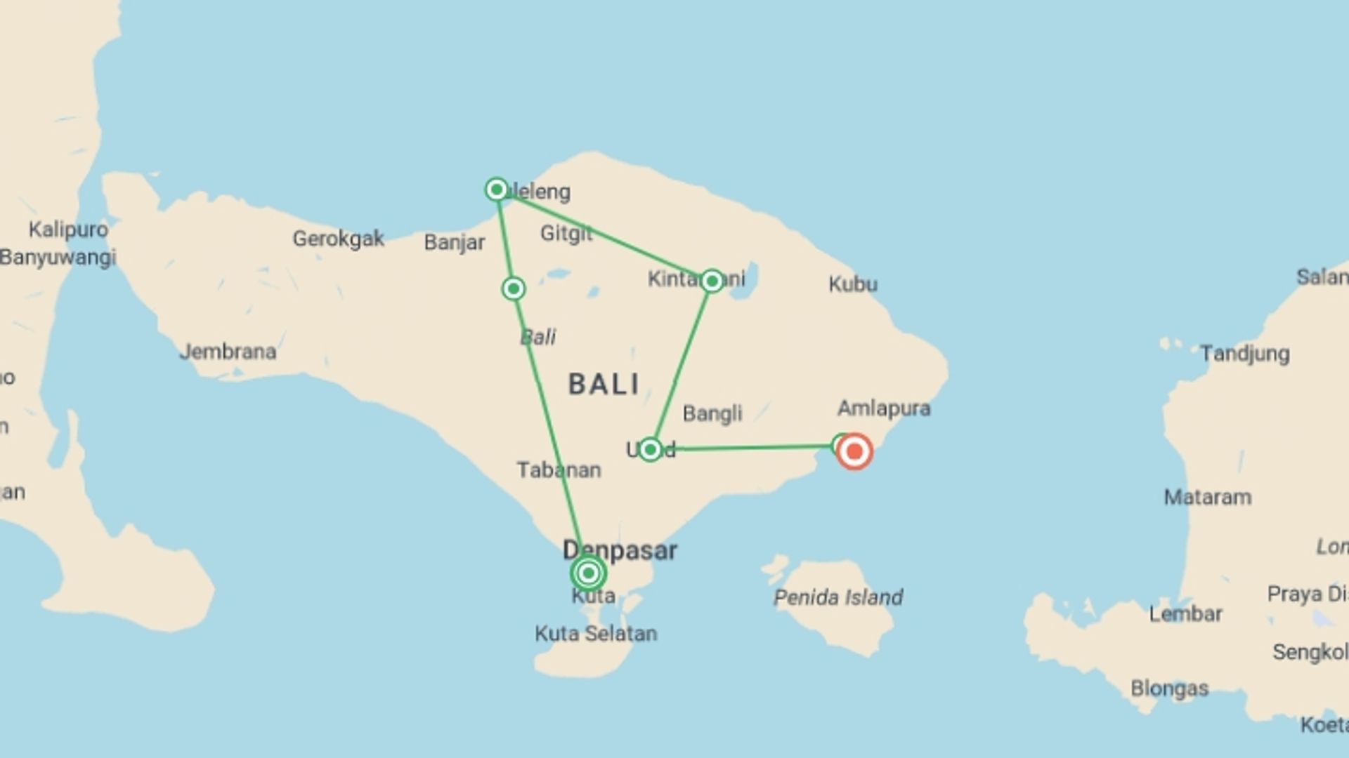 A map showing the tour itinerary for the trip: Indonesia: Bali Adventure, starting in Seminyak , Indonesia and ending in Candidasa, Indonesia going through 6 other destinations.