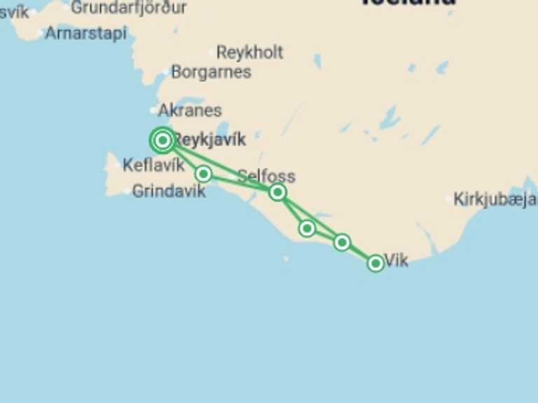 Map of 6-Day Reykjavik Tour with 2 destination visits for the trip: Summer Iceland & Solar Eclipse - 6 days