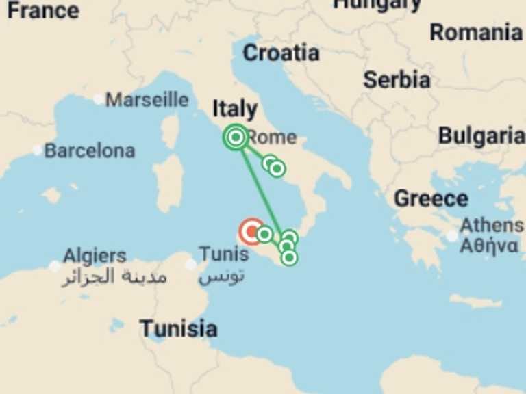 Map of 13-Day Rome Tour with 9 destination visits for the trip: Italian Escape and Sicily