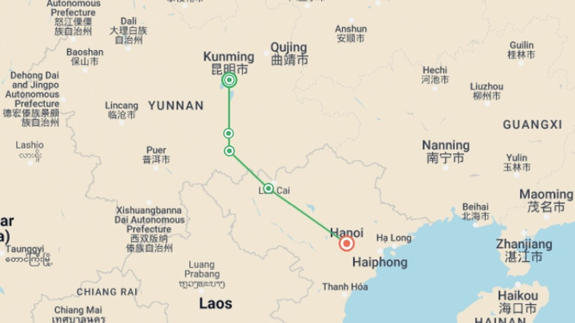A map showing the tour itinerary for the trip: China to Vietnam: An Overland Adventure, starting in Kunming, China and ending in Hanoi, Vietnam going through 3 other destinations.
