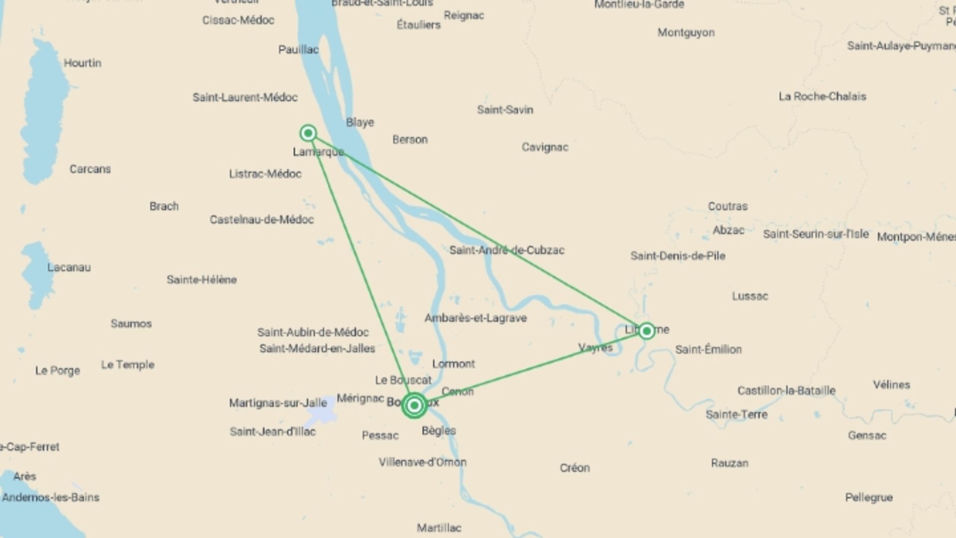 A map showing the tour itinerary for the trip: In the heart of the South-West terroirs: from Bordeaux to the vineyards of the Médoc (port-to-port cruise), starting in Bordeaux, France and ending in Bordeaux, France going through 2 other destinations.
