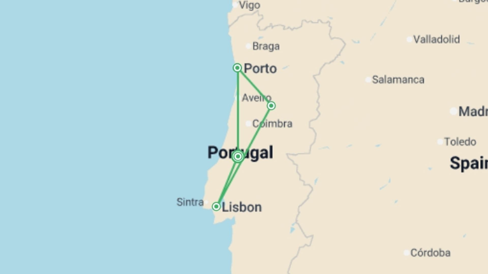 A map showing the tour itinerary for the trip: North Of Portugal, German-speaking Guide, starting in Fátima, Portugal and ending in Fátima, Portugal going through 3 other destinations.