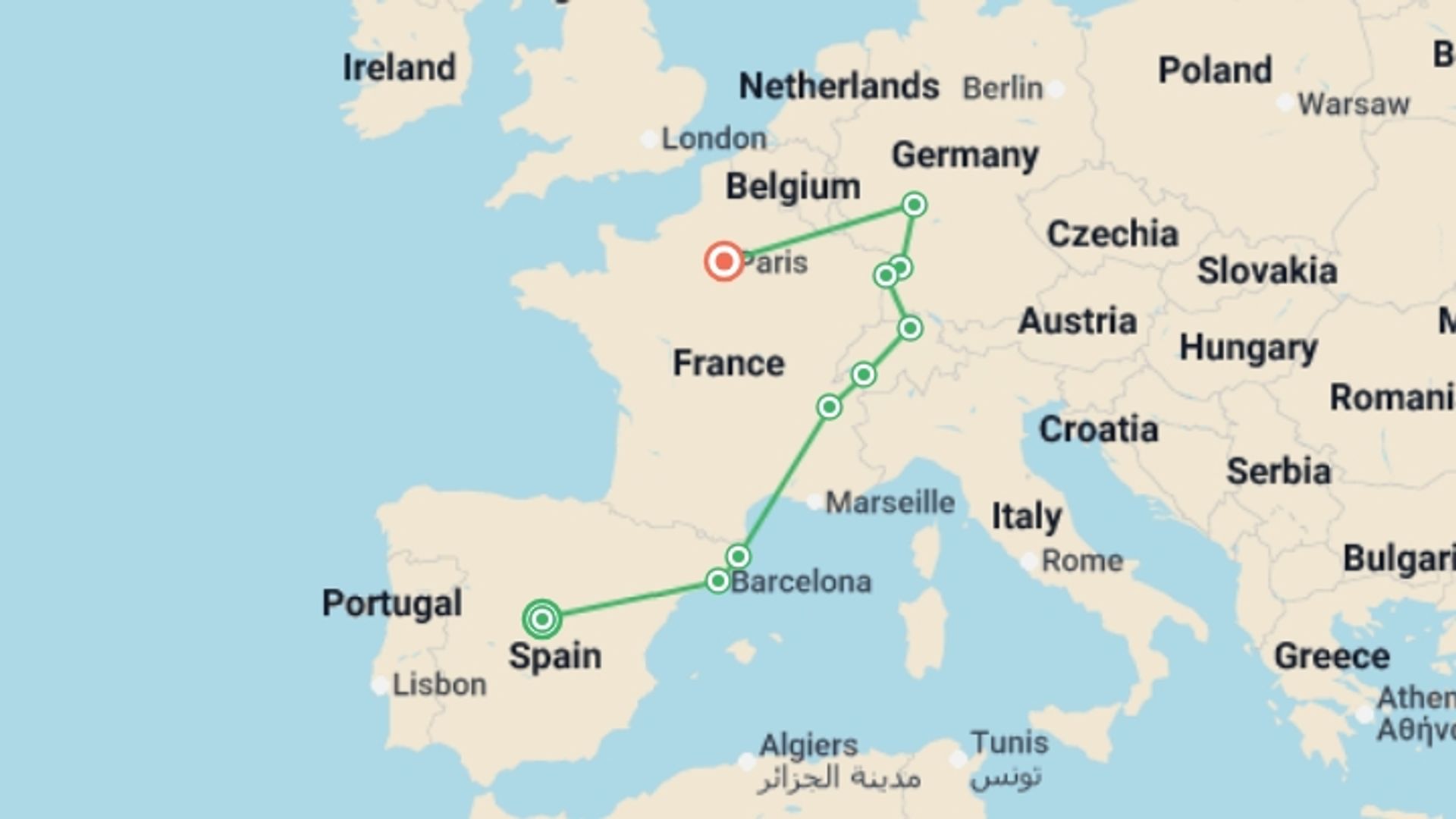 A map showing the tour itinerary for the trip: Spain and Switzerland with Alsace and Black Forest, starting in Madrid, Spain and ending in Paris, France going through 8 other destinations.