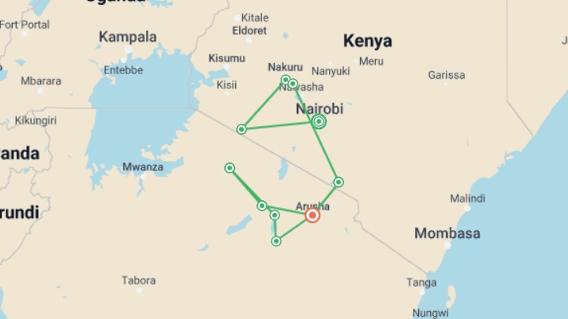 A map showing the tour itinerary for the trip: East African Explorer with Serena Lodges, starting in Nairobi, Kenya and ending in Arusha, Tanzania going through 7 other destinations.