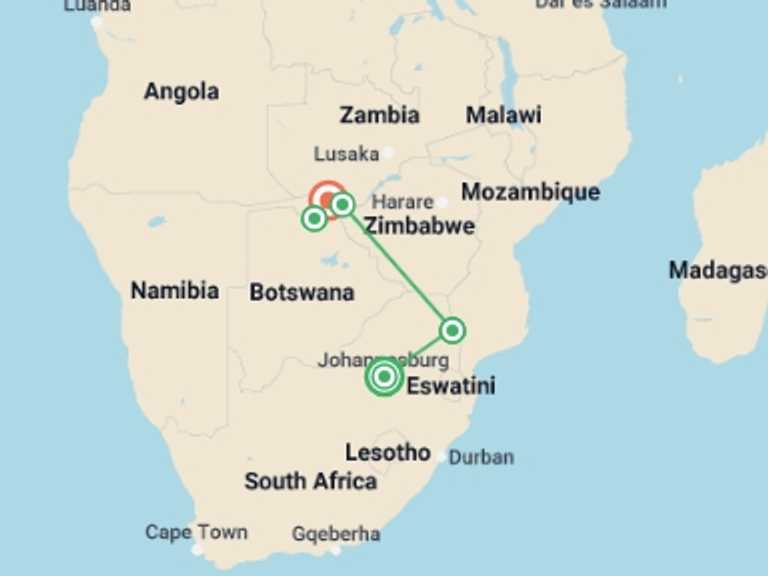 Map of Johannesburg Wildlife Tour with 5 destination visits for the trip: Premium Southern Africa