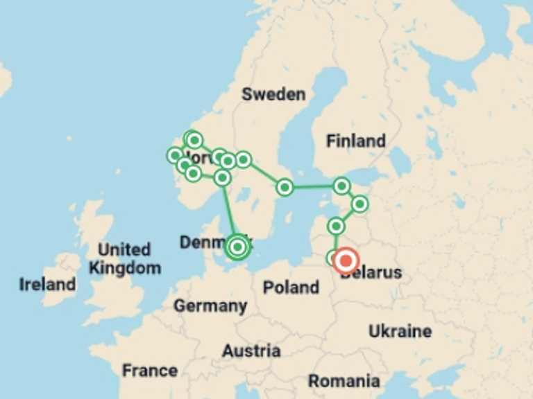 Map of Scandinavia Cruise Tour with 12 destination visits for the trip: Scandinavia and Best of Baltics 35 to 45