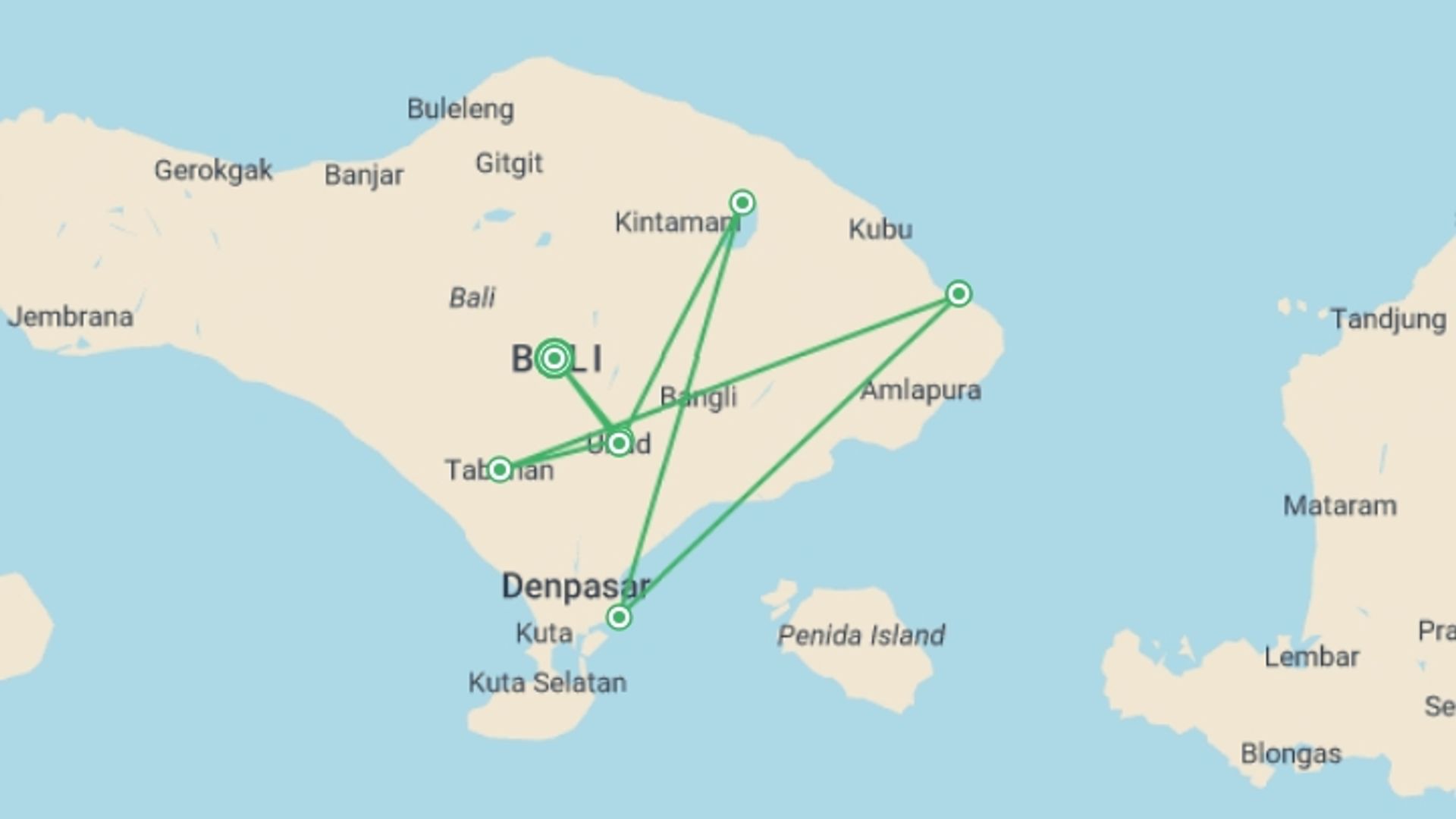 A map showing the tour itinerary for the trip: Bali MTB Explorer, starting in Bali, Indonesia and ending in Bali, Indonesia going through 5 other destinations.