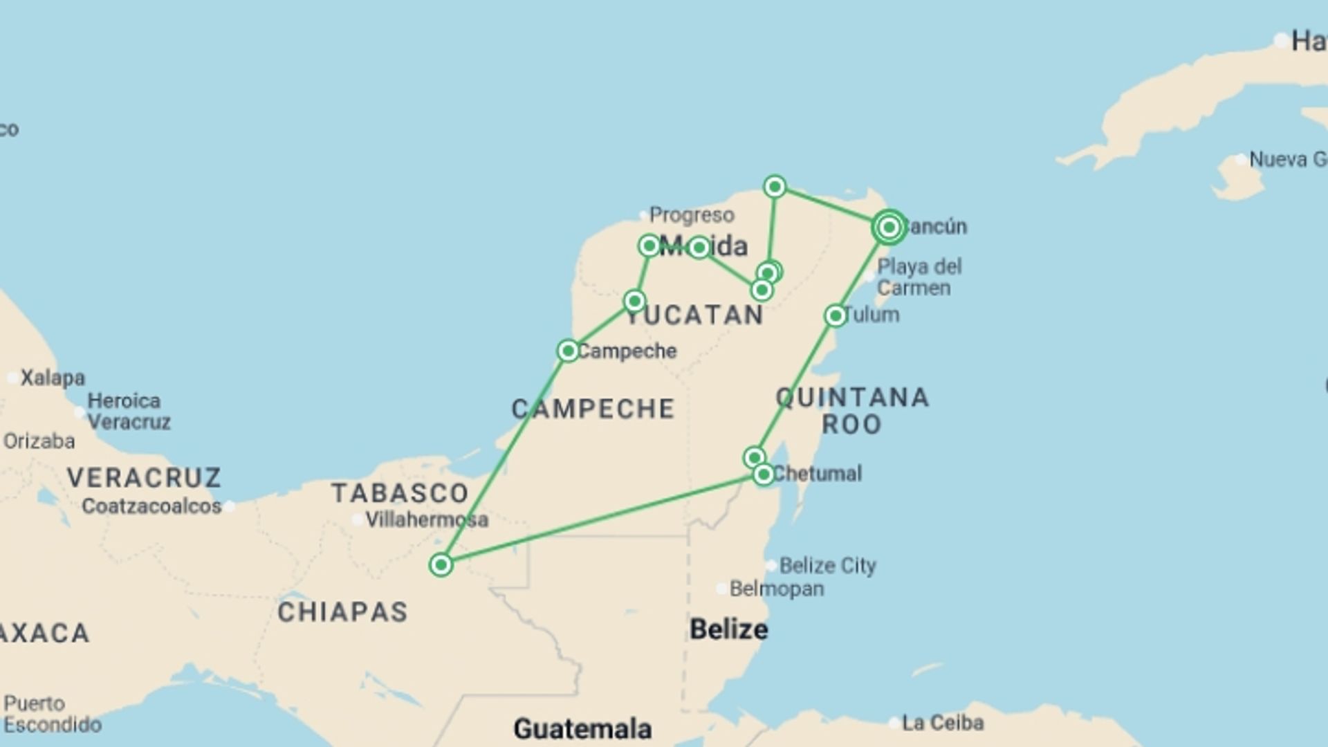 A map showing the tour itinerary for the trip: Wonders Of The Maya, starting in Cancún, Mexico and ending in Cancún, Mexico going through 5 other destinations.