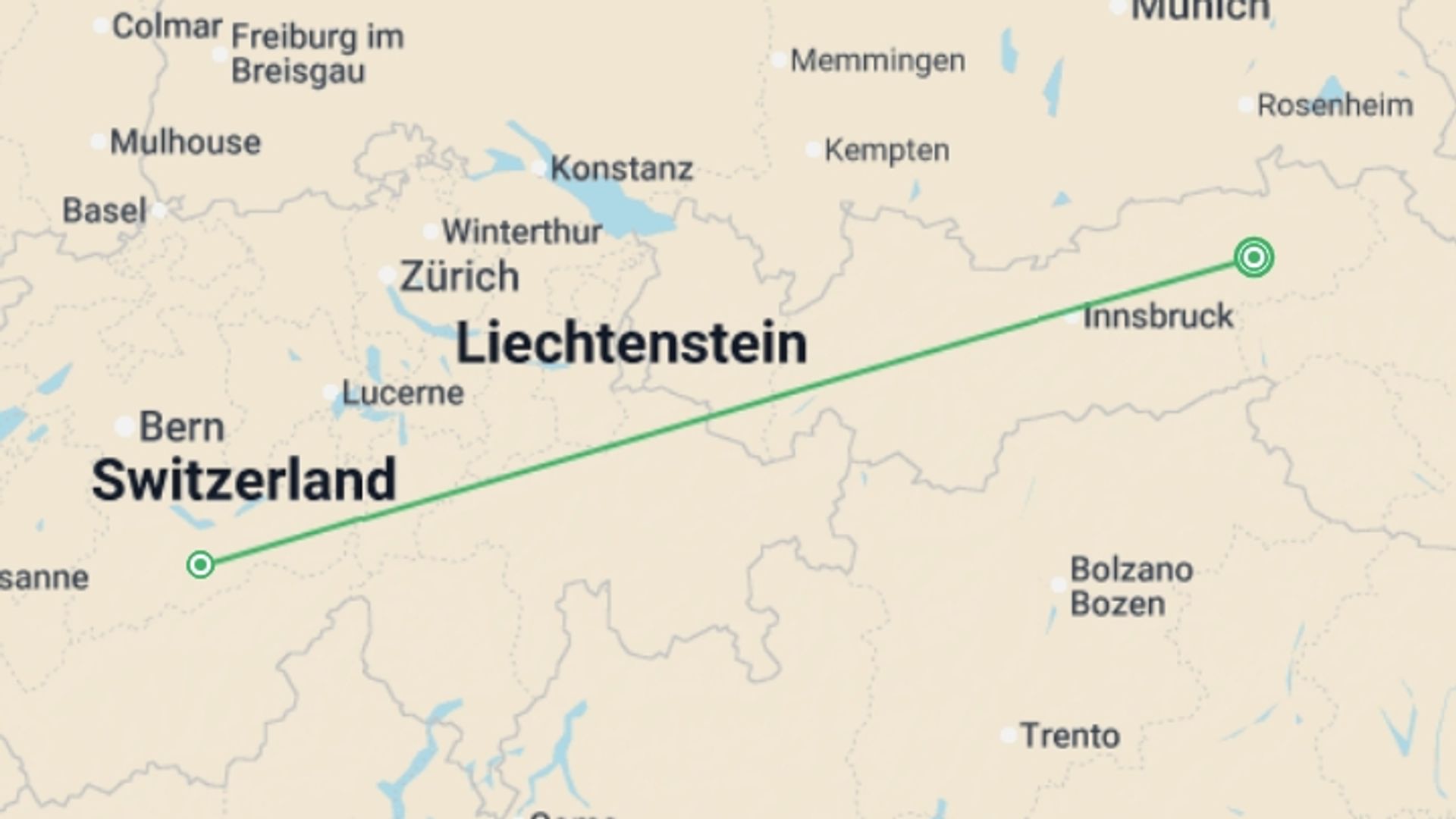 A map showing the tour itinerary for the trip: Active Alps, starting in Hopfgarten, Austria and ending in Hopfgarten, Austria going through 2 other destinations.