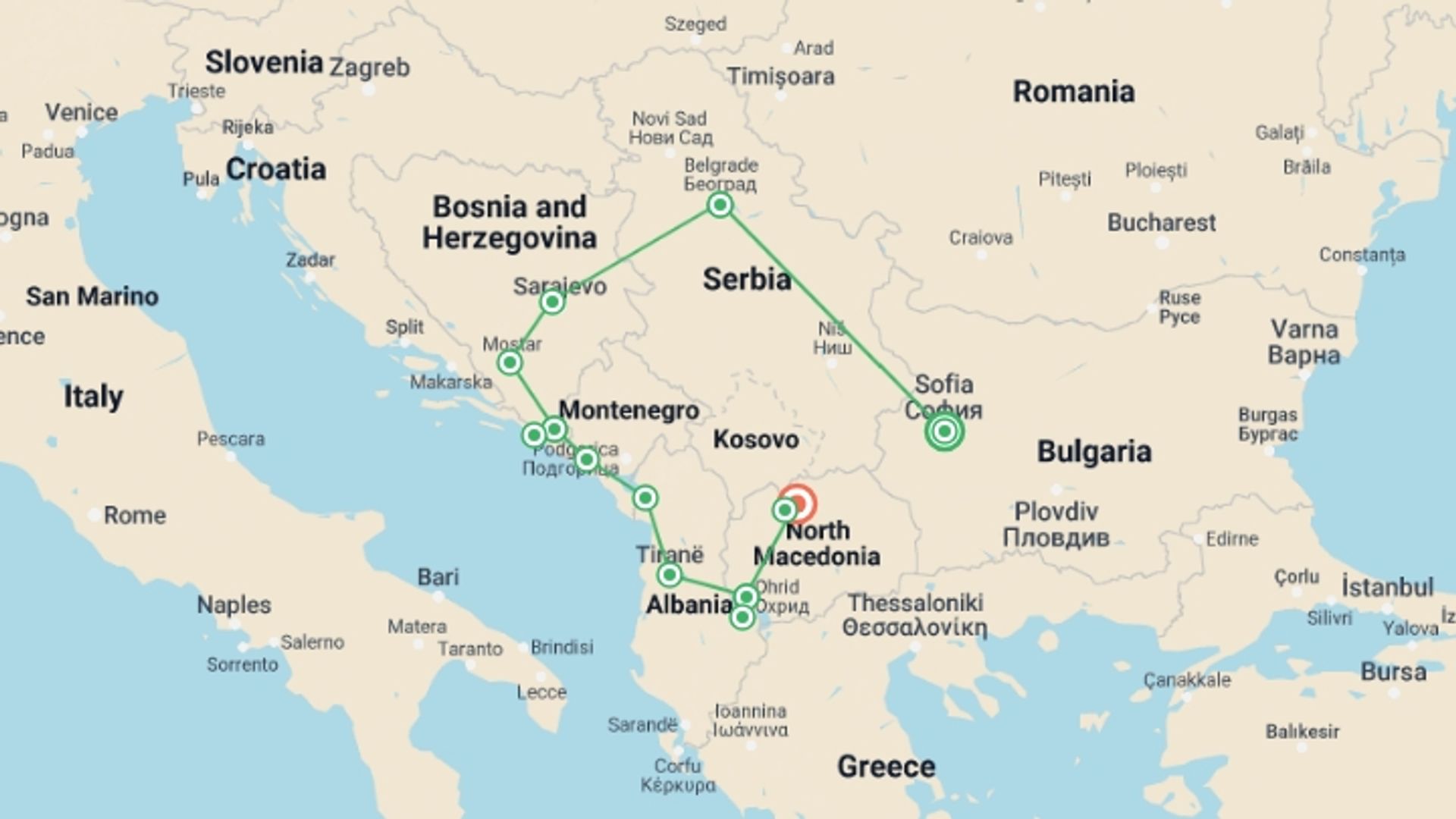 A map showing the tour itinerary for the trip: Best of Balkans Luxury Tour, starting in Sofia, Bulgaria and ending in Skopje, Macedonia going through 6 other destinations.