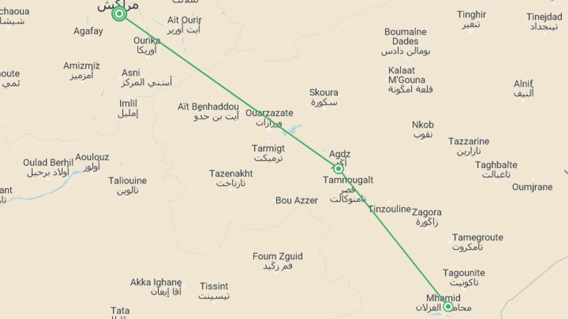 A map showing the tour itinerary for the trip: Oasis & Desert, 4 Days, Private Tour, starting in Marrakech, Morocco and ending in Marrakech, Morocco going through 1 other destinations.