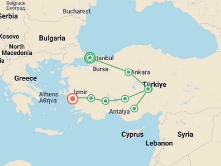 Map itinerary of Istanbul Tour in November 2026 with 7 destination visits for the trip: Ancient Turkey Tour