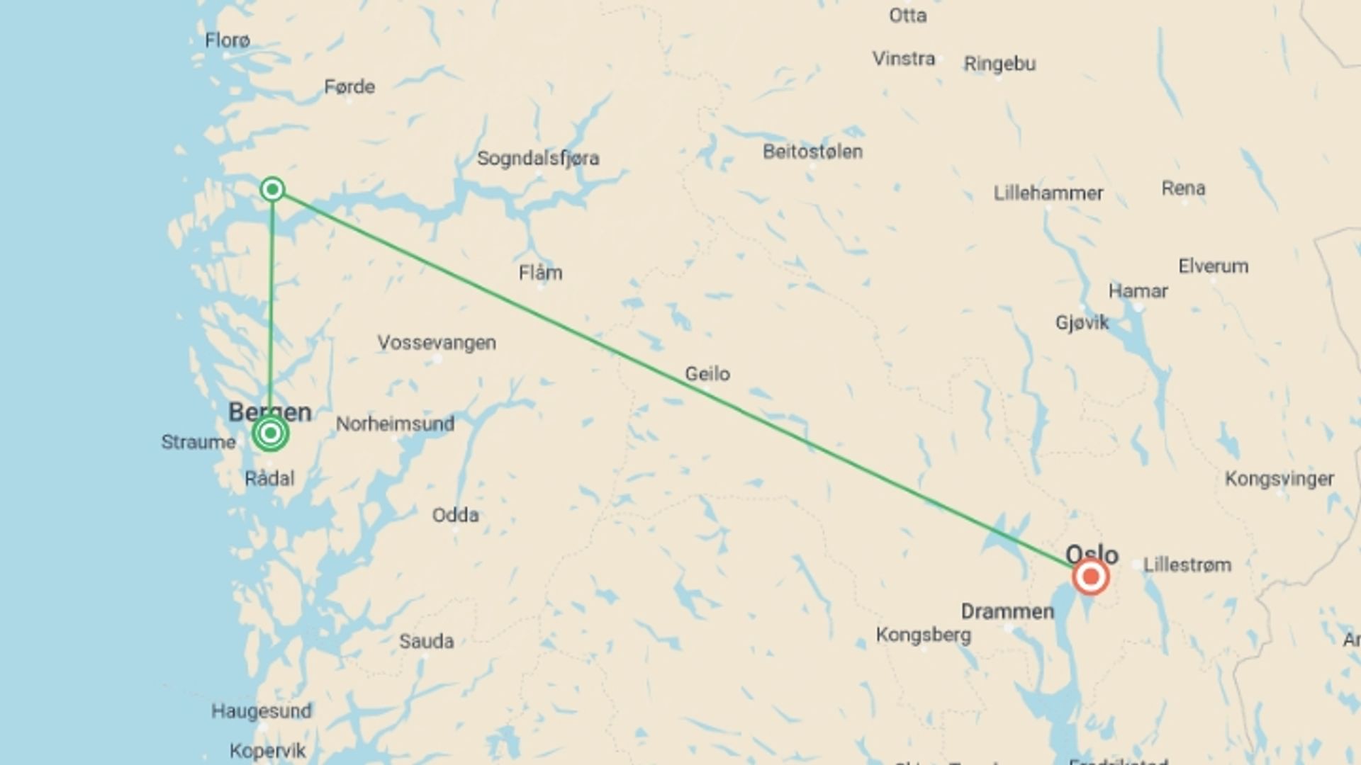 A map showing the tour itinerary for the trip: Magic of the fjords, starting in Bergen, Norway and ending in Oslo, Norway going through 2 other destinations.