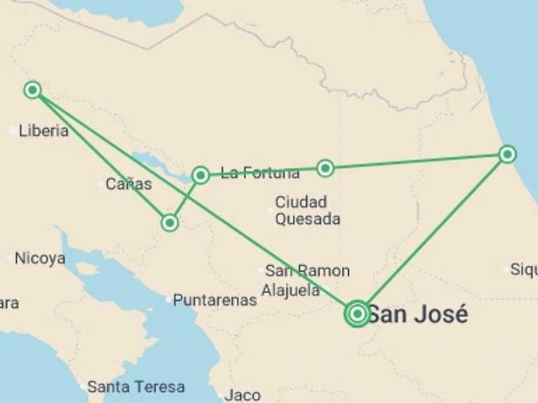 Map of South America Tour with 5 destination visits for the trip: Costa Rica: Living Wonders, French-speaking Guide