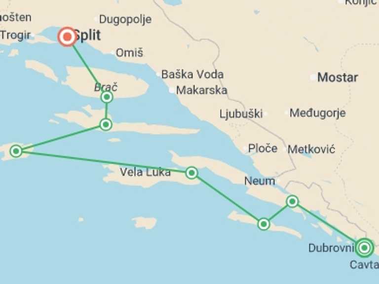 Map of Split Sightseeing Tour with 7 destination visits for the trip: Jewels of the Adriatic from Dubrovnik - 8 days