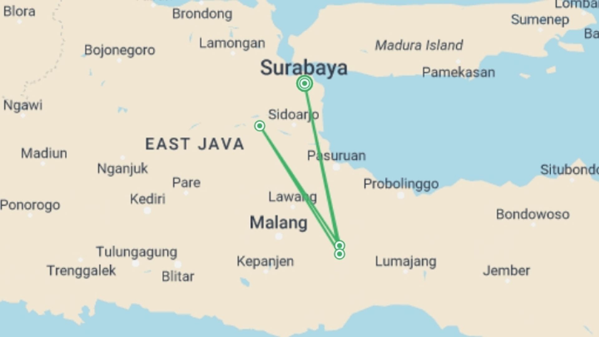 A map showing the tour itinerary for the trip: 4D Mt. Semeru Hiking Trip, starting in Surabaya, Indonesia and ending in Surabaya, Indonesia going through 4 other destinations.