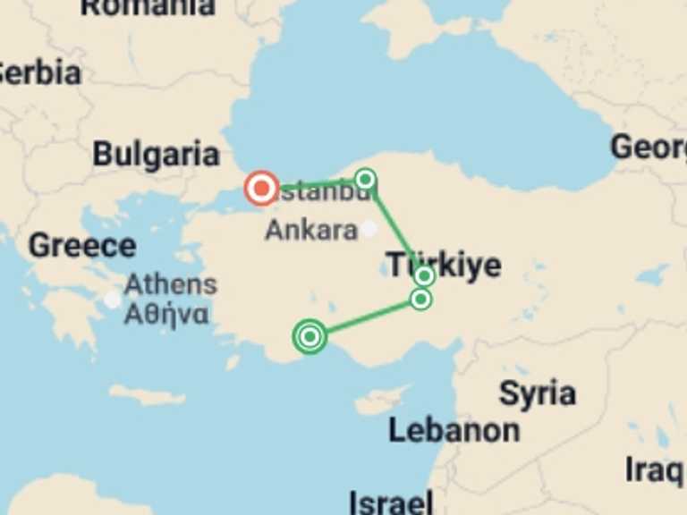 Map of Turkey Tour with 5 destination visits for the trip: Turkish Secrets