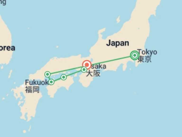 Map itinerary of Osaka Tour in December 2025 with 6 destination visits for the trip: Capitals of Japan end Kyoto