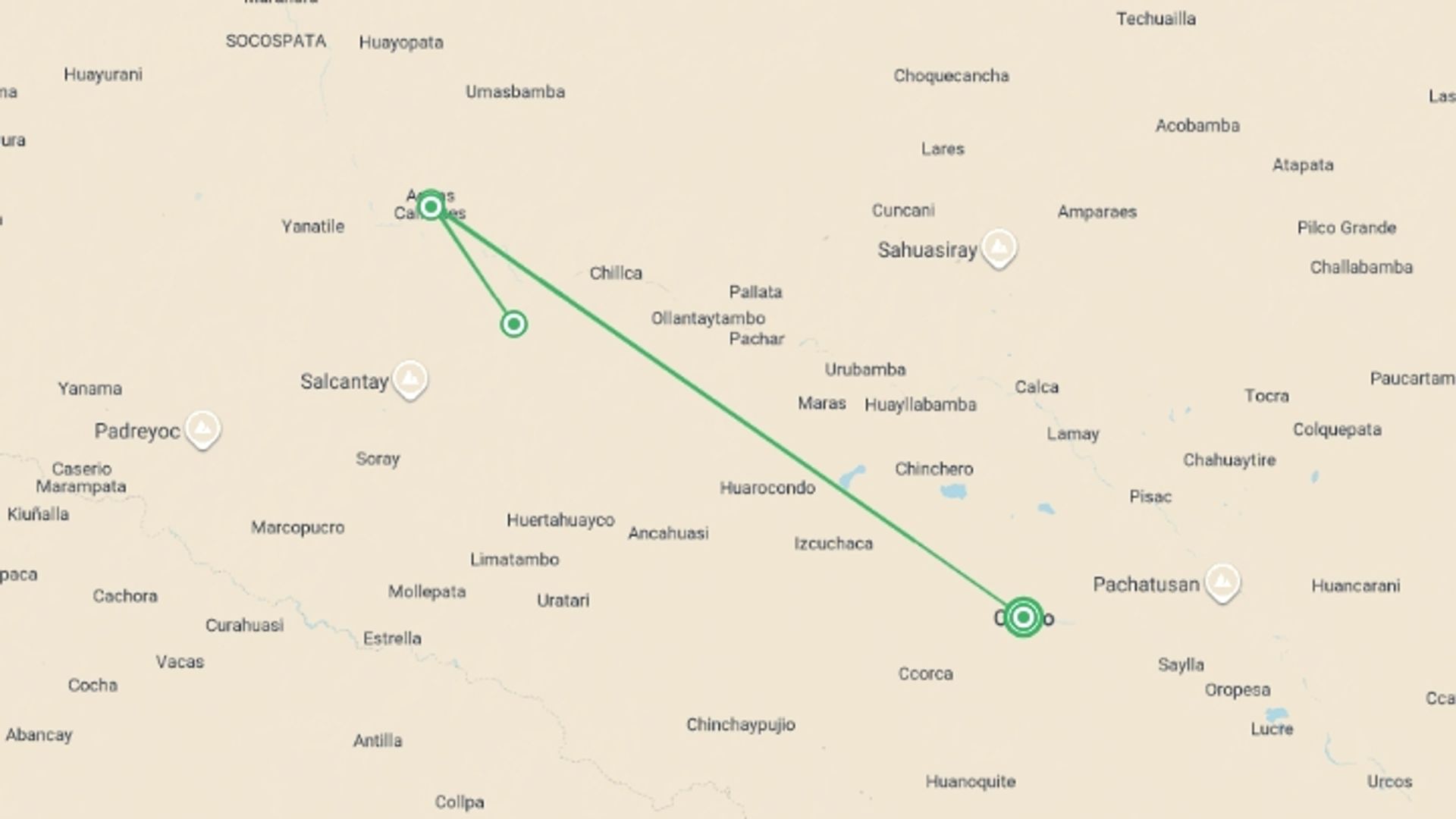 A map showing the tour itinerary for the trip: Inca Trail Trek, starting in Cusco, Peru and ending in Cusco, Peru going through 3 other destinations.