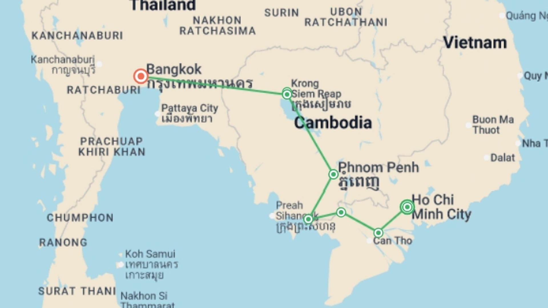 A map showing the tour itinerary for the trip: Southeast Asia Family Adventure, starting in Ho Chi Minh City, Vietnam and ending in Bangkok, Thailand going through 6 other destinations.