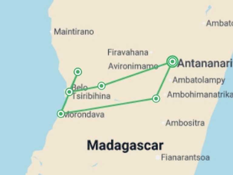 Map itinerary of Africa Tour in July 2026 with 6 destination visits for the trip: Madagascar Baobabs & Beyond