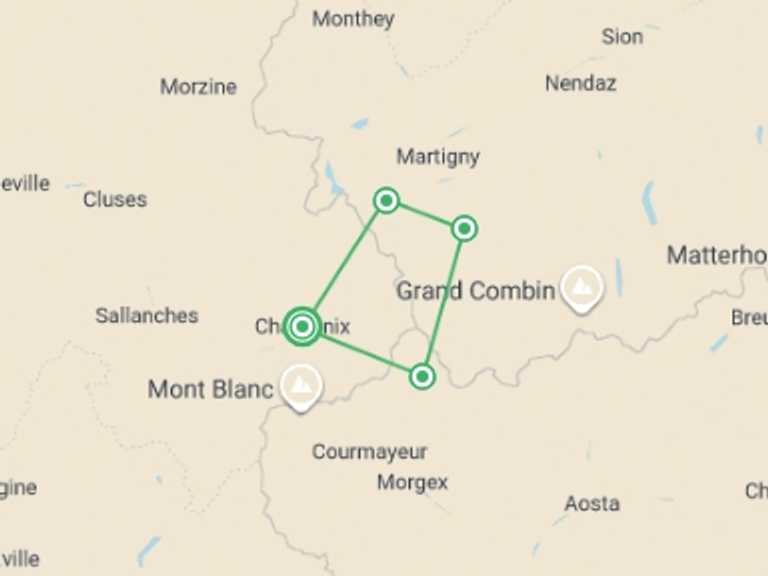 Map of Europe Tour with 4 destination visits for the trip: Mont Blanc Guided Hike Classic