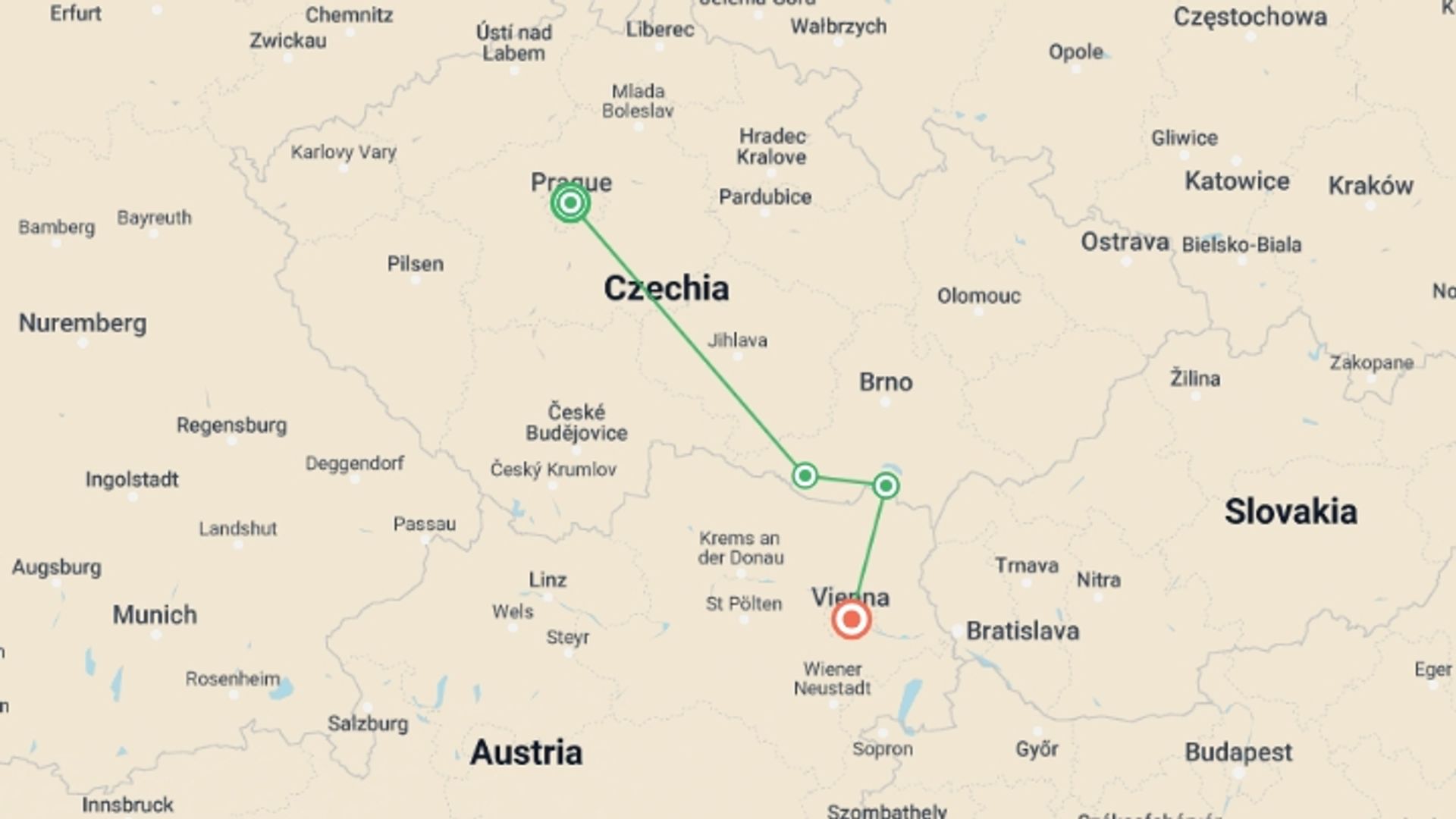 A map showing the tour itinerary for the trip: Cycling Prague to Vienna, starting in Prague, Czech Republic and ending in Vienna, Austria going through 2 other destinations.