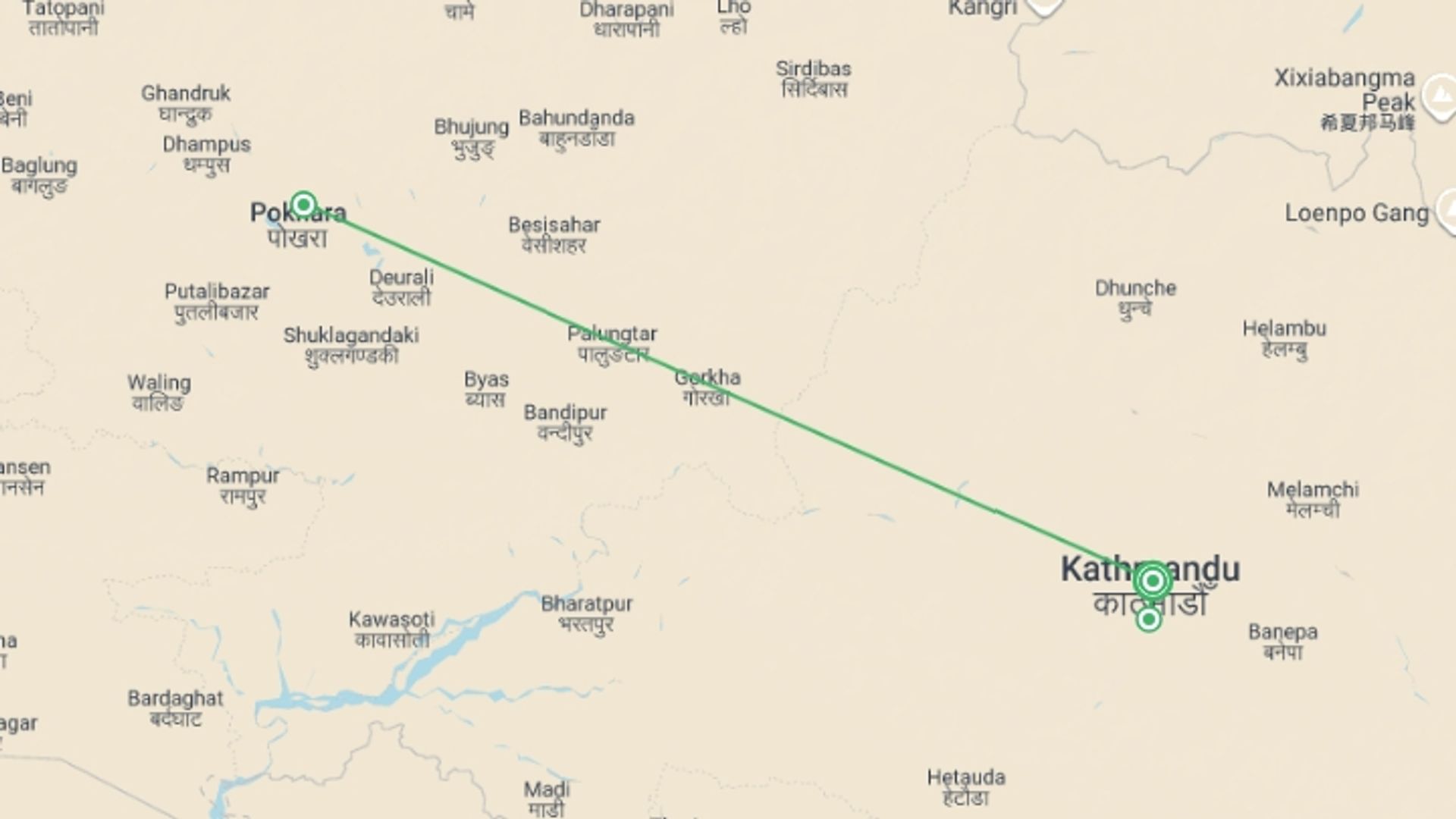 A map showing the tour itinerary for the trip: Nepal Uncovered - 8 days, starting in Kathmandu, Nepal and ending in Kathmandu, Nepal going through 2 other destinations.