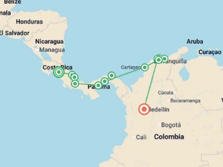 Map itinerary of South America Tour in May 2027 with 13 destination visits for the trip: Central and South American Adventure: From Costa Rica to Colombia