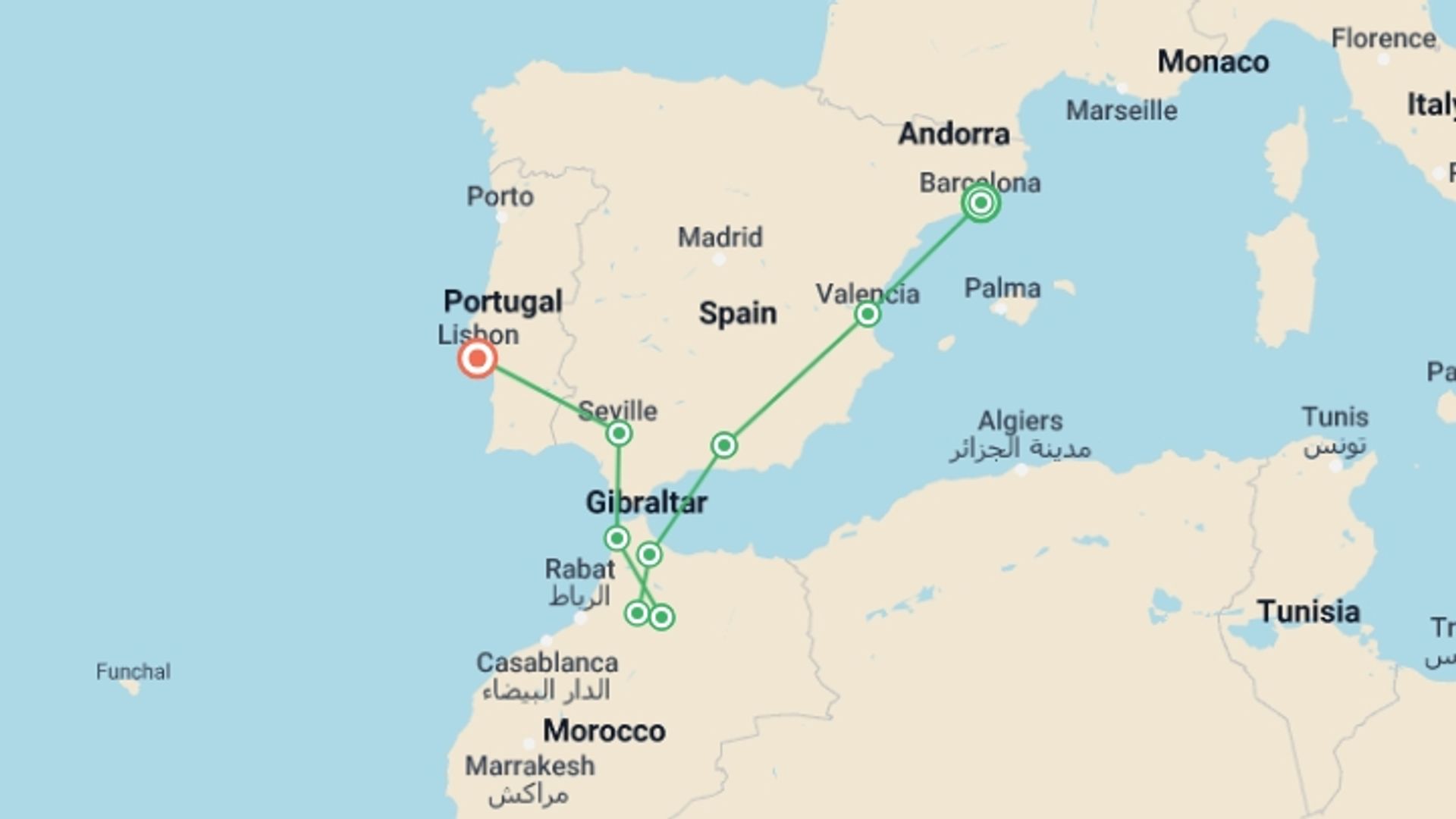 A map showing the tour itinerary for the trip: Delve Deep: Spain, Portugal & Morocco, starting in Barcelona, Spain and ending in Lisbon, Portugal going through 6 other destinations.