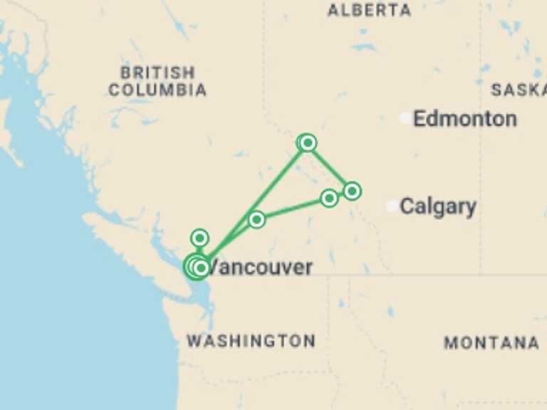 Map itinerary of North America Tour in May 2027 with 8 destination visits for the trip: Real Canadian Rockies