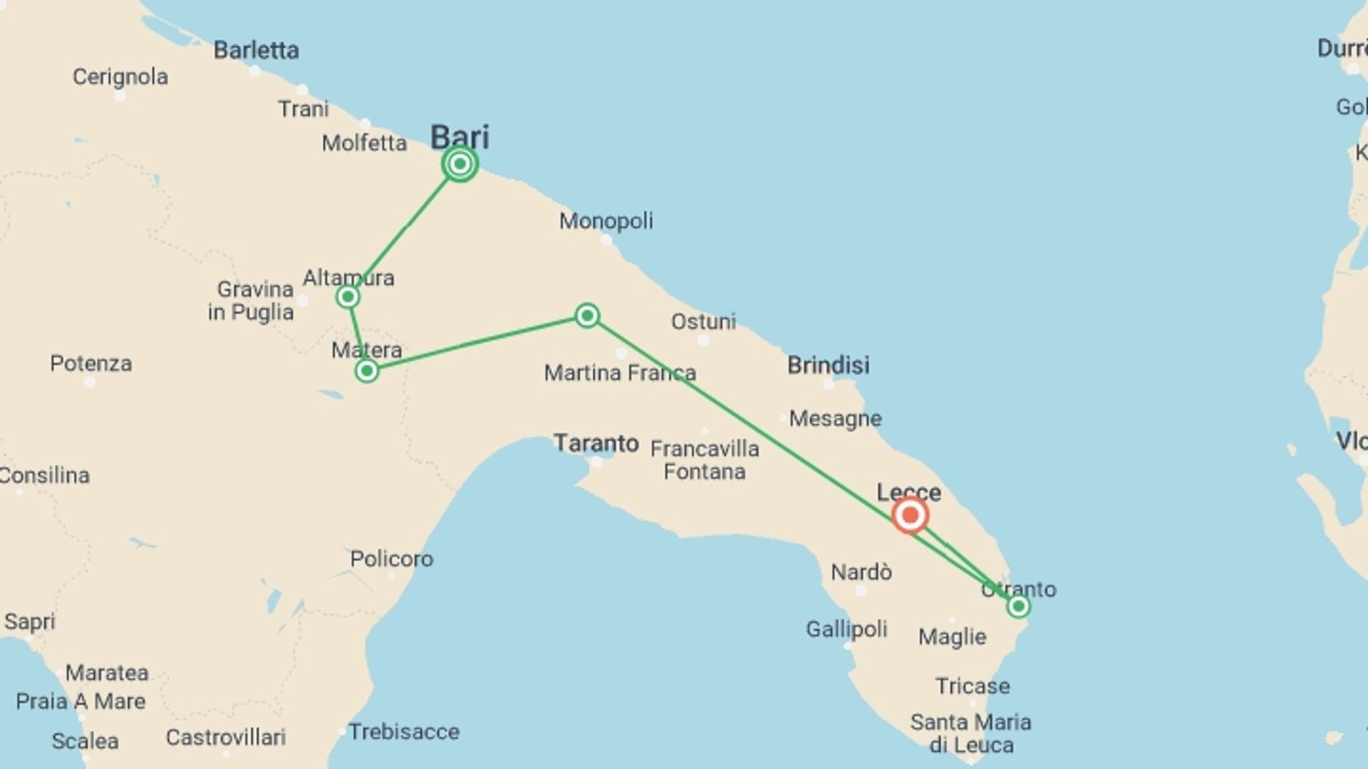 A map showing the tour itinerary for the trip: Highlights of Puglia, starting in Bari, Italy and ending in Lecce, Italy going through 4 other destinations.