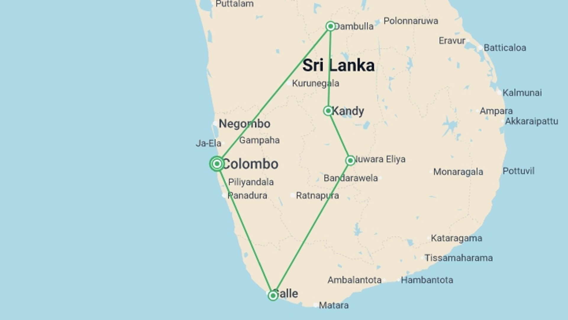 A map showing the tour itinerary for the trip: Blissful Sri Lanka, Private Tour, starting in Colombo, Sri Lanka and ending in Colombo, Sri Lanka going through 4 other destinations.