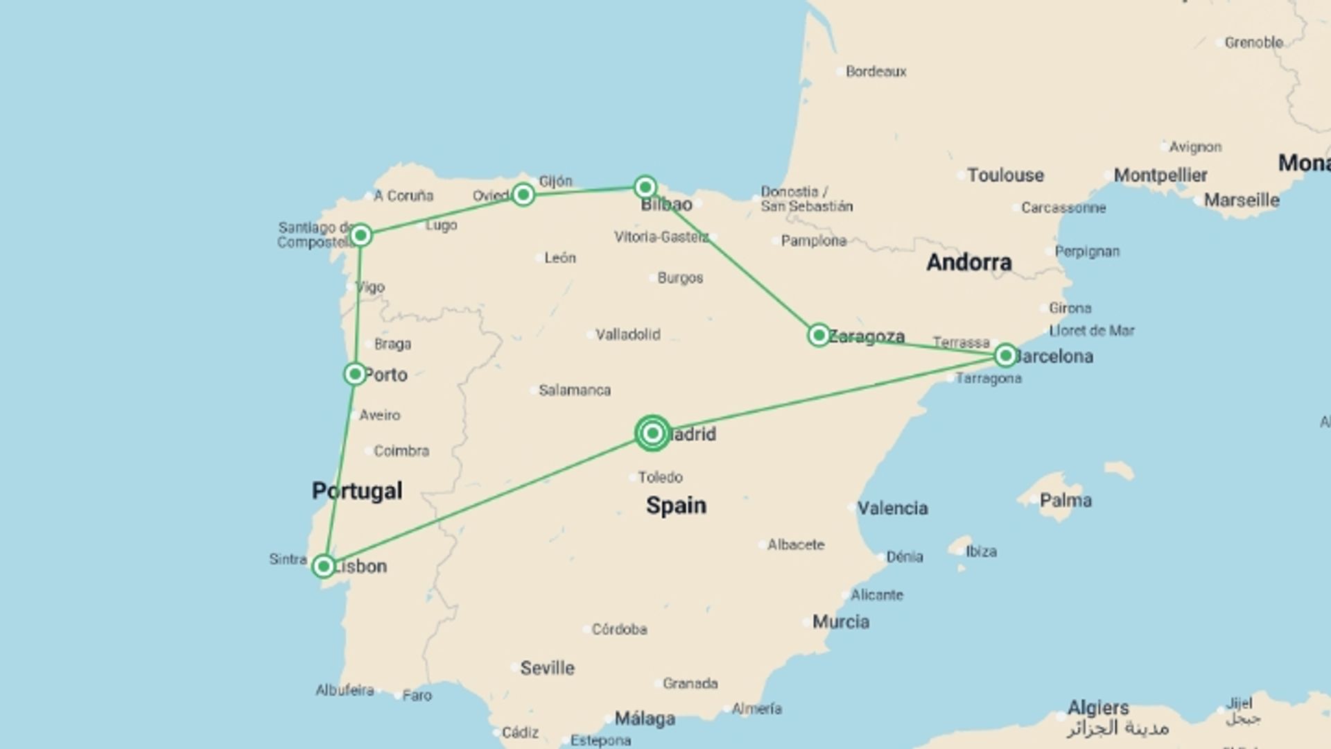 A map showing the tour itinerary for the trip: The Iberian Tour, starting in Madrid, Spain and ending in Madrid, Spain going through 7 other destinations.