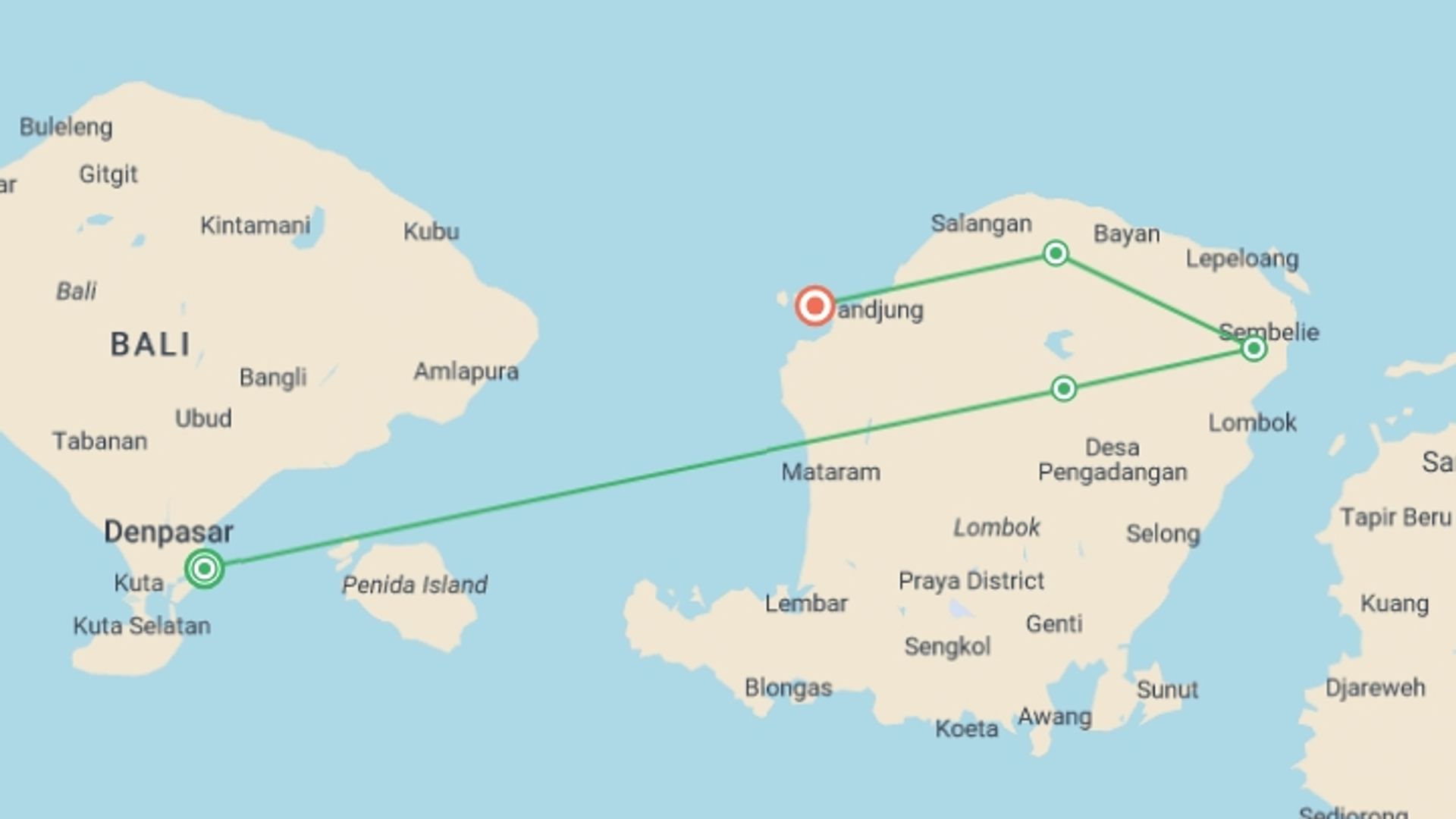 A map showing the tour itinerary for the trip: Discover Lombok, starting in Sanur, Indonesia and ending in Gili Air Island, Indonesia going through 5 other destinations.