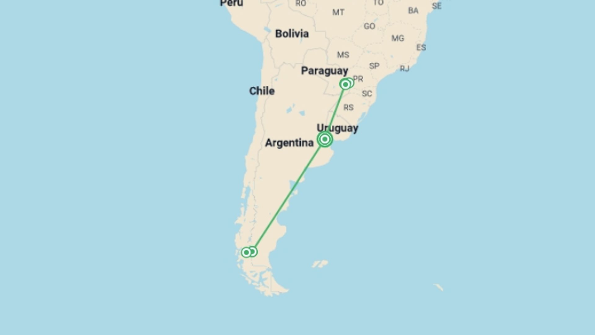 A map showing the tour itinerary for the trip: Buenos Aires, El Calafate & Iguazu Falls, starting in Buenos Aires, Argentina and ending in Buenos Aires, Argentina going through 5 other destinations.