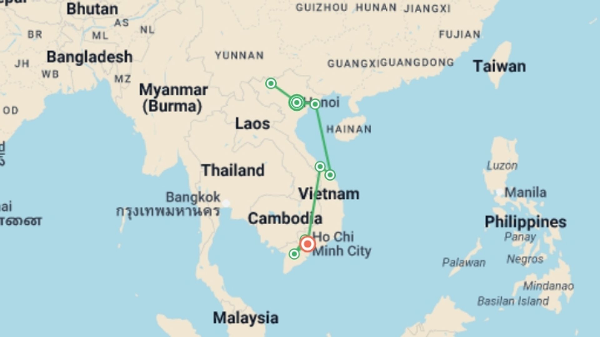 A map showing the tour itinerary for the trip: Vietnam Deeply Explored - 13 days, starting in Hanoi, Vietnam and ending in Ho Chi Minh City, Vietnam going through 7 other destinations.