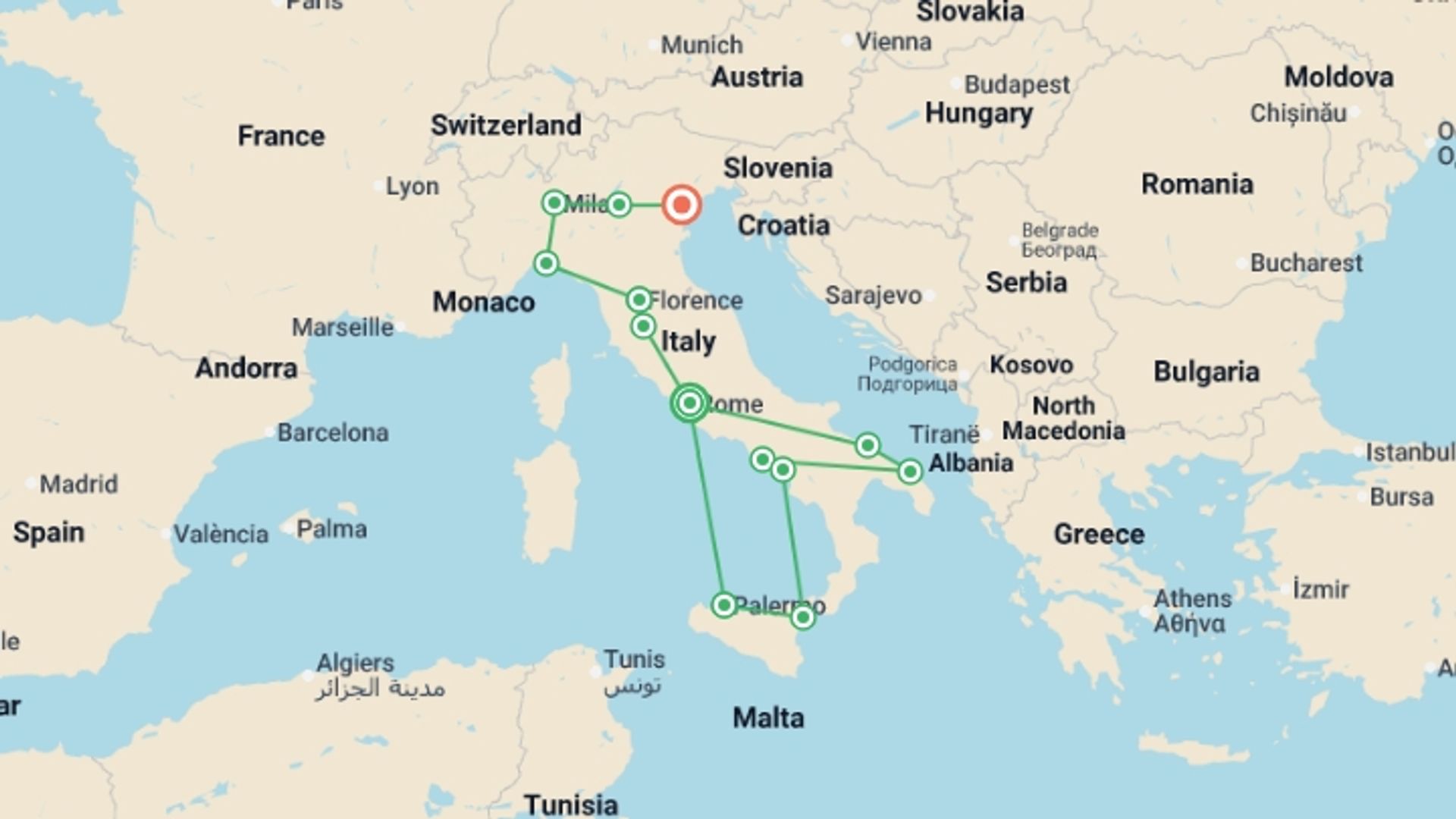 A map showing the tour itinerary for the trip: Italian Roundabout Complete End Venice, starting in Rome, Italy and ending in Venice, Italy going through 11 other destinations.