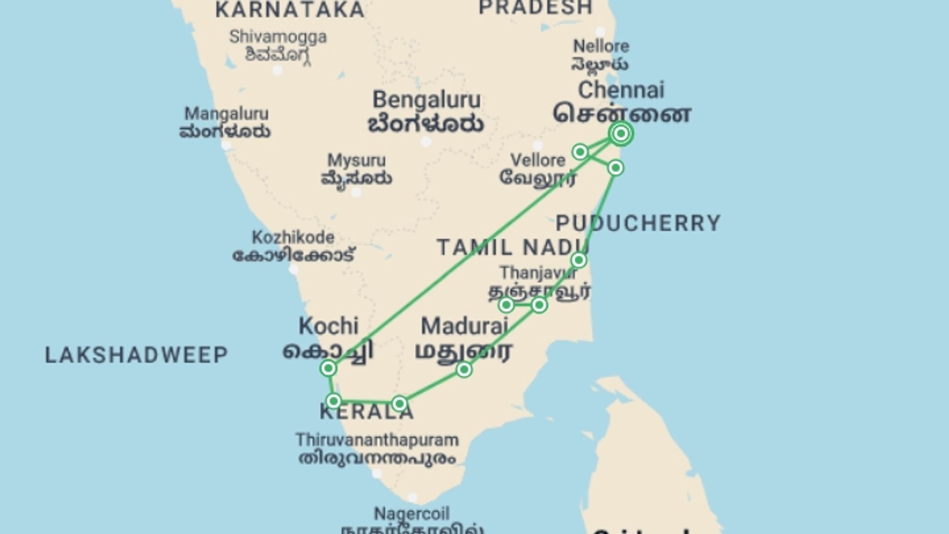 A map showing the tour itinerary for the trip: India Dravida, starting in Chennai, India and ending in Chennai, India going through 6 other destinations.