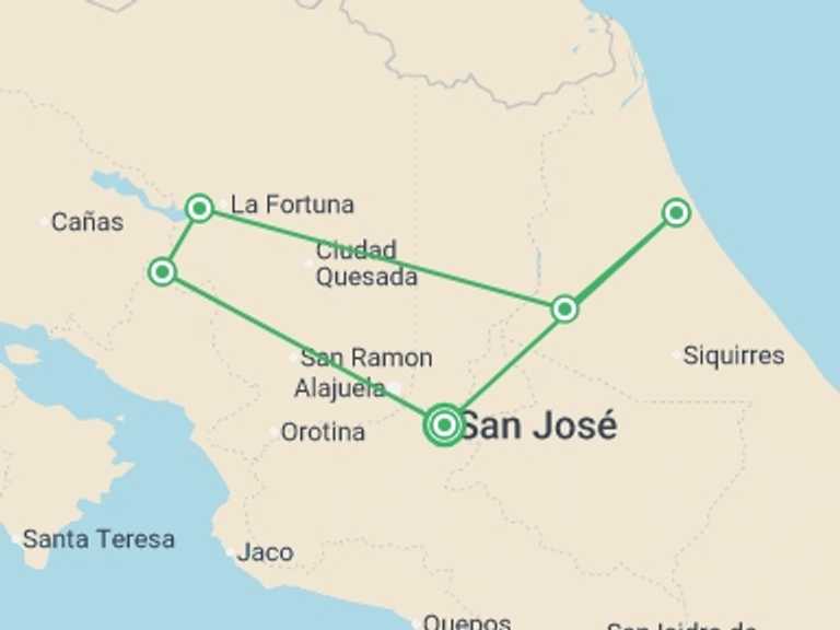 Map itinerary of South America Tour in February 2027 with 5 destination visits for the trip: Supersaver | Costa Rica Essentials Plus, 8 Days