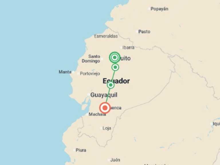 Map itinerary of South America Tour in March 2027 with 4 destination visits for the trip: 6-day Ecuador Highlands: Cotopaxi, Quilotoa, Ingapirca & Cuenca, Private Tour