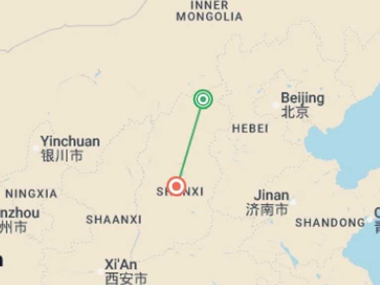 Map of Asia Tour with 2 destination visits for the trip: Datong & Pingyao Break (Standard) - 4 days