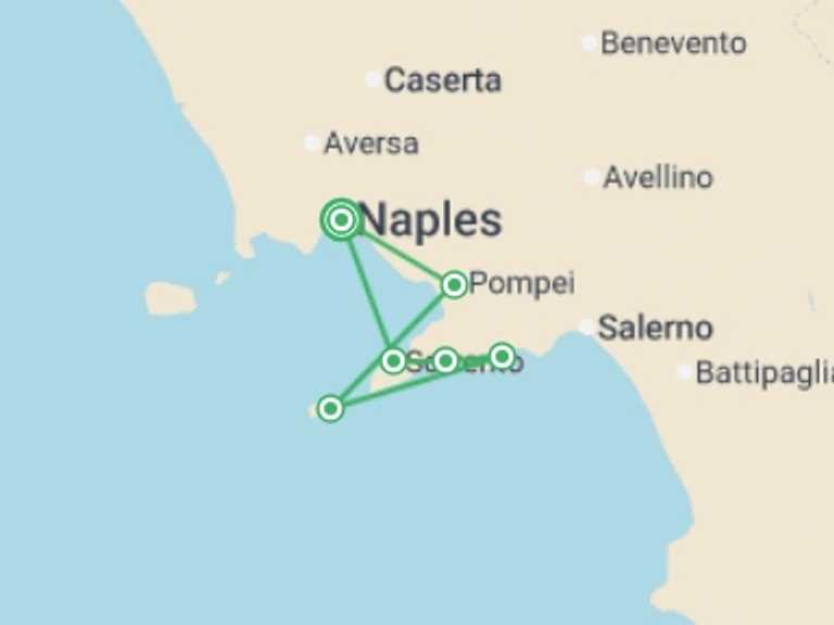 Map of Italy Tour with 7 destination visits for the trip: Sorrento, Positano, Amalfi, Capri & Pompeii