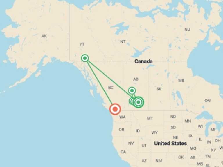 Map of Calgary Explorer Tour with 6 destination visits for the trip: Aurora Adventure: Winter in the Canadian Rockies & The Yukon