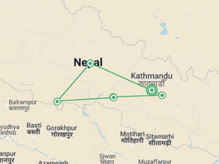 Map of Kathmandu Explorer Tour with 6 destination visits for the trip: Nepal Cultural Highlights Roundtrip