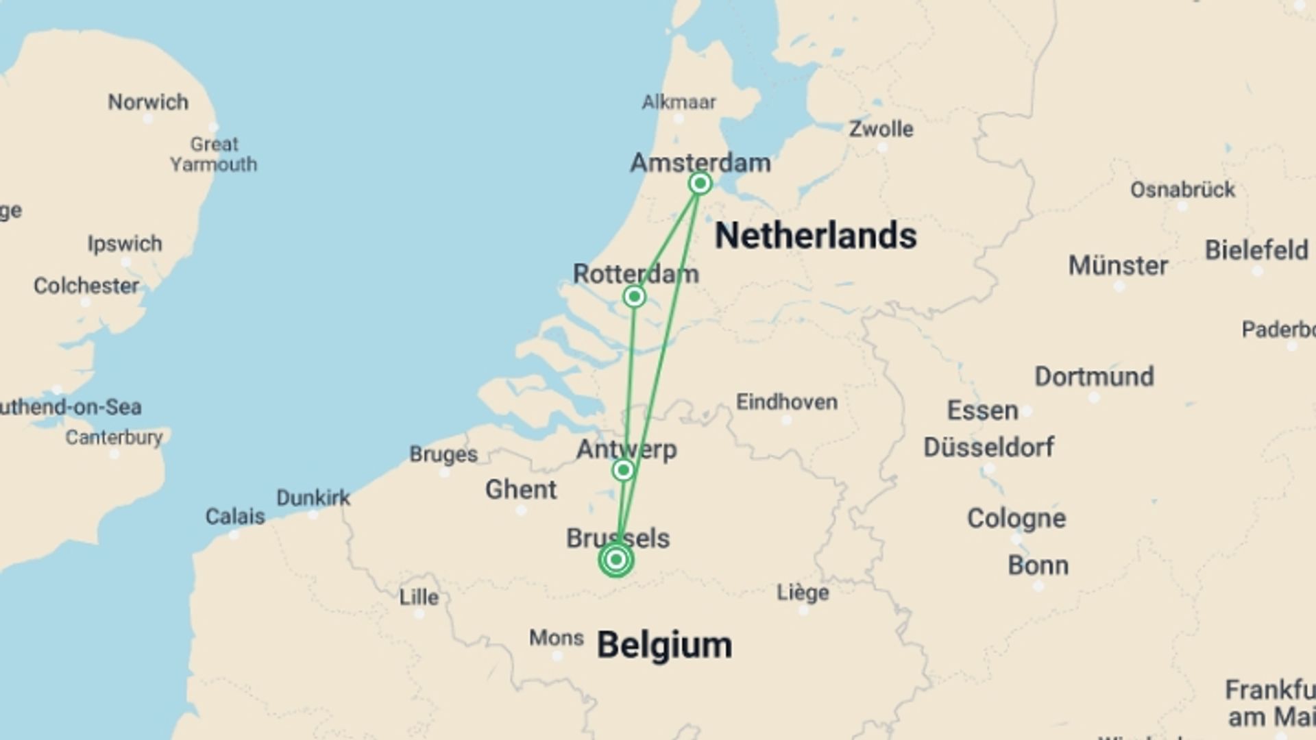A map showing the tour itinerary for the trip: The Treasures of North - Through two extraordinary countries: Belgium and The Netherlands, starting in Brussels, Belgium and ending in Brussels, Belgium going through 3 other destinations.