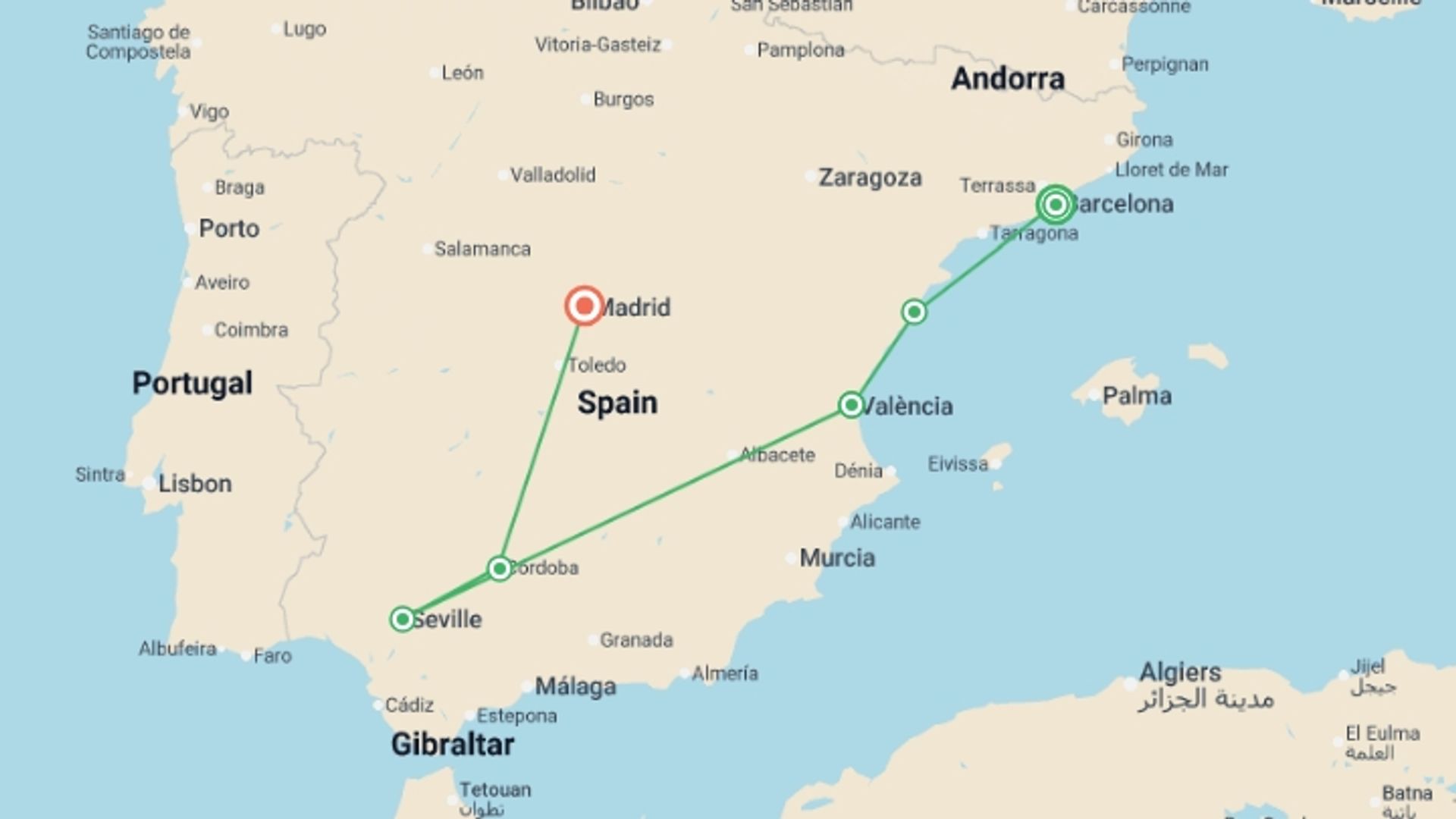 A map showing the tour itinerary for the trip: Barcelona to Andalucia & Madrid - 9 days , starting in Barcelona, Spain and ending in Madrid, Spain going through 2 other destinations.