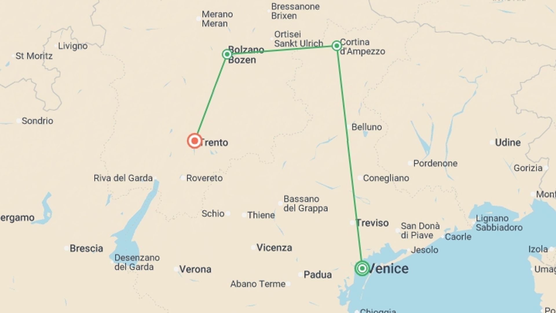 A map showing the tour itinerary for the trip: Dolomites Explorer From Venice - 7 days, starting in Venice, Italy and ending in Trento, Italy going through 2 other destinations.