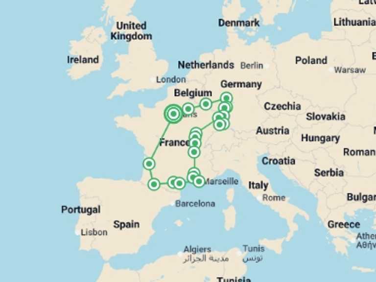 Map itinerary of France Tour in July 2026 with 8 destination visits for the trip: Dreaming of France and the Black Forest